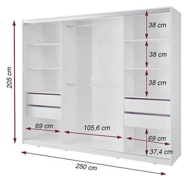 Česká šatní skříň NEJBY BARNABA 250 cm s posuvnými dveřmi, zrcadlem, 4 šuplíky a 2 šatními tyčemi, bílá