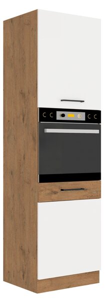 KONDELA Vysoká skříňka na vestavnou troubu, dub lancelot / bílá extra vysoký lesk HG, VEGA 60 DP-210 2F