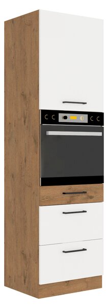 KONDELA Vysoká skříňka na vestavnou troubu, dub lancelot / bílá extra vysoký lesk HG, VEGA 60 DPS-210 3S 1F