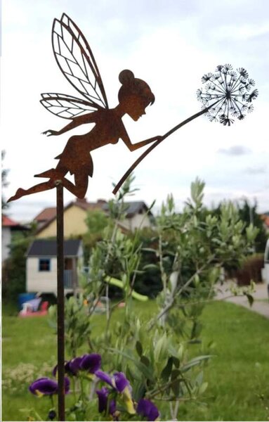 Zahradní kovový zápich rezavý Víla s pampeliškou 60 cm