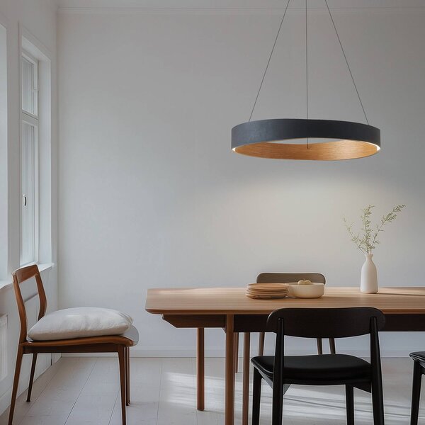 Lucande LED závěsné světlo Daelor, černé/dřevo, stmívatelné, stmívatelný, Černá, Obývací pokoj / jídelna, kov, Design
