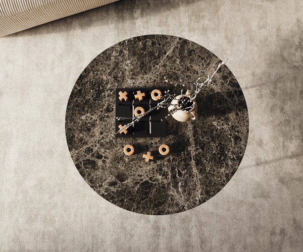 DELIFE Konferenční stolek Edge kulatý 90x90 cm keramika Laminam® Emperador Extra Lucidato tmavě hnědá Trive nerezová ocel broušená