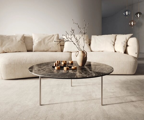 DELIFE Konferenční stolek Edge kulatý 90x90 cm keramika Laminam® Emperador Extra Lucidato tmavě hnědá Trive nerezová ocel broušená