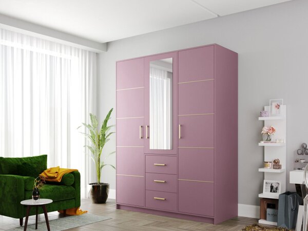 Třídveřová šatní skříň Lily II D3, Barva: švestka / švestka + zlatá, Nástavec: Ne 5903211345005