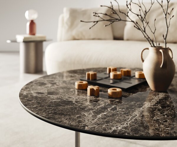 DELIFE Konferenční stolek Edge kulatý 90x90 cm keramika Laminam® Emperador Extra Lucidato tmavě hnědá Trive nerezová ocel broušená