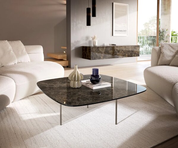 DELIFE Konferenční stolek Edge oválný tvar 90x90 cm keramika Laminam® Emperador Extra Lucidato tmavě hnědá Trive nerezová ocel broušená