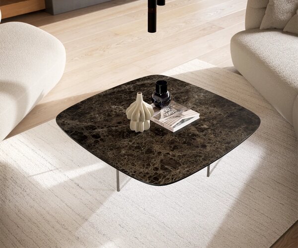 DELIFE Konferenční stolek Edge oválný tvar 90x90 cm keramika Laminam® Emperador Extra Lucidato tmavě hnědá Trive nerezová ocel broušená