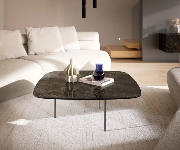 DELIFE Konferenční stolek Edge oválný tvar 90x90 cm keramika Laminam® Emperador Extra Lucidato tmavě hnědá Trive nerezová ocel broušená