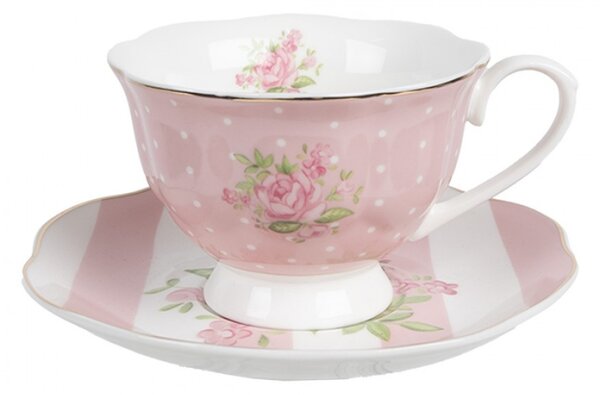 Růžový puntíkatý porcelánový šálek s podšálkem se vzorem růžiček Sweet Roses – 200 ml
