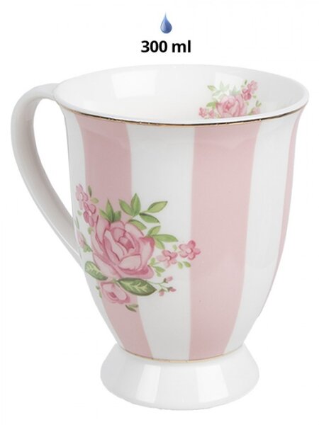 Porcelánový hrnek s růžovými pruhy se vzorem růžové růže Sweet Roses – 300 ml