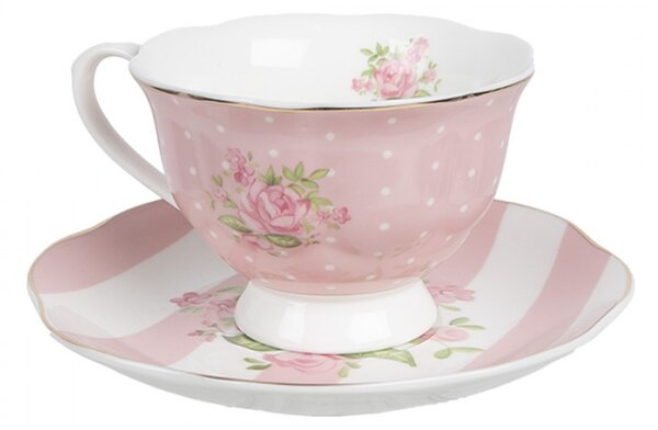 Růžový puntíkatý porcelánový šálek s podšálkem se vzorem růžiček Sweet Roses – 200 ml