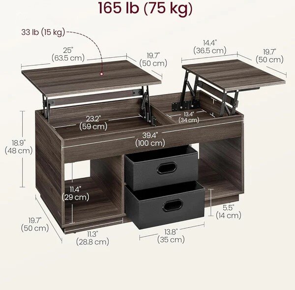 SONGMICS Konferenční stolek Vasagle Uma s výsuvnou deskou 100 cm tmavě hnědý