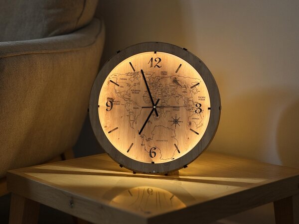 "Mapa světa" světelné hodiny 230V/12V/dub světlý velikost svítidla/hodin: 31 cm
