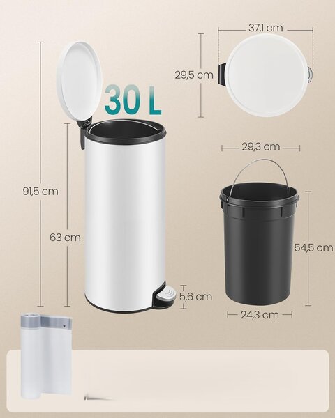 SONGMICS Kulatý odpadkový koš Jelis 30 L bílý