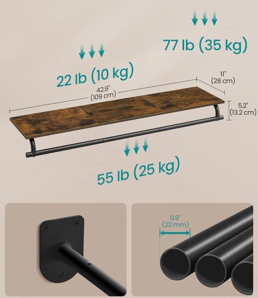 SONGMICS Nástěnný předsíňový věšák Vasagle Nomy 109 cm černý/hnědý