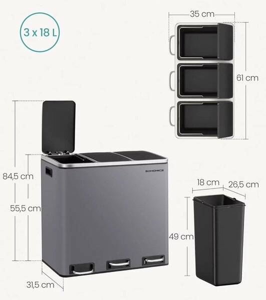 SONGMICS Odpadkový koš Flace 3x18 L šedý/černý