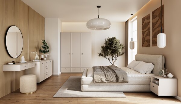 Závěsná komoda Lorini 150 cm se zásuvkami - kašmír / černé úchytky T-bar