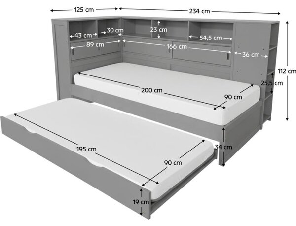 Kondela Postel s regály a přistýlkou, šedá, 90x200, LENDON