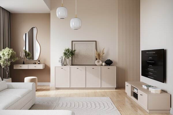Komoda Lorini 200 cm čtyřdveřová - kašmír / černé madla T-bar