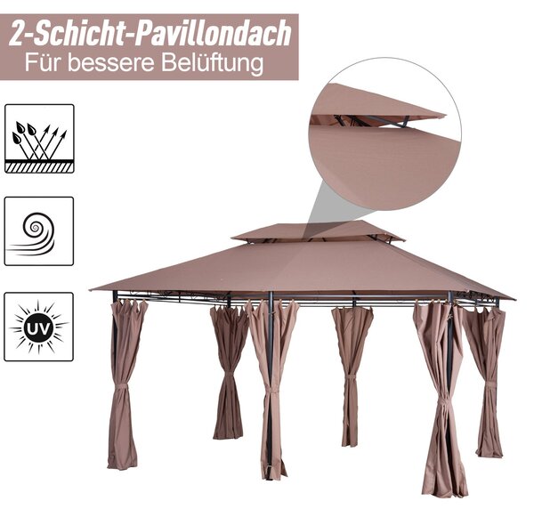 Zahradní pavilion Outsunny 3x4m s 6 bočními panely, party stan, zahradní stan, marquise s dvojitou střechou, khaki | Aosom