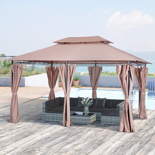Zahradní pavilion Outsunny 3x4m s 6 bočními panely, party stan, zahradní stan, marquise s dvojitou střechou, khaki | Aosom