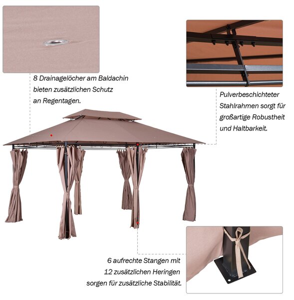 Zahradní pavilion Outsunny 3x4m s 6 bočními panely, party stan, zahradní stan, marquise s dvojitou střechou, khaki | Aosom