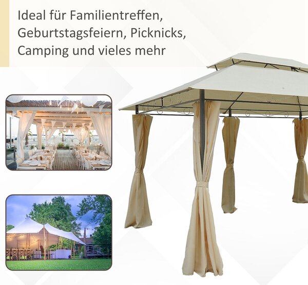 Zahradní pavilon Outsunny 3x4m s 6 bočními panely, párty stan, altán s dvojitou střechou Béžová + Tmavě šedá | Aosom