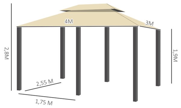 Zahradní pavilon Outsunny 3x4m s 6 bočními panely, párty stan, altán s dvojitou střechou Béžová + Tmavě šedá | Aosom
