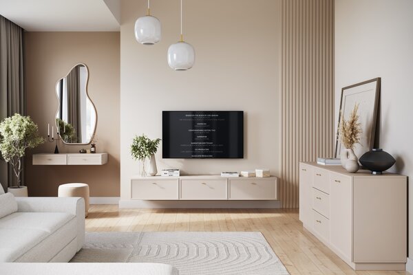 Komoda Lorini 150 cm se zásuvkami - kašmír / zlaté úchytky T-bar