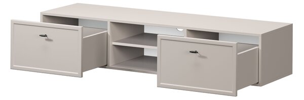 Závěsný TV stolek Lorini 150 cm se zásuvkami – kašmírová / černé úchytky T-bar