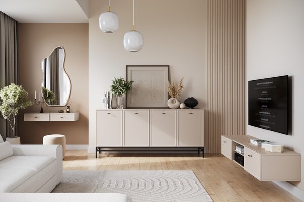 Komoda Lorini 200 cm čtyřdveřová - kašmír / černé úchyty T-bar / kovové nohy
