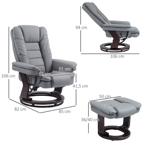 Křeslo HOMCOM s podnožkou, otočné o 360° a s funkcí polohování, nosnost až 130 kg, umělá kůže, šedé | Aosom