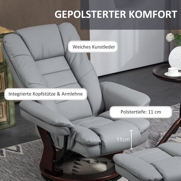 Křeslo HOMCOM s podnožkou, otočné o 360° a s funkcí polohování, nosnost až 130 kg, umělá kůže, šedé | Aosom