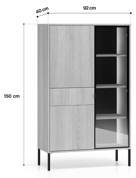 Vysoká vitrína Harmona 92 cm se zásuvkou a osvětlením - dub lindberg