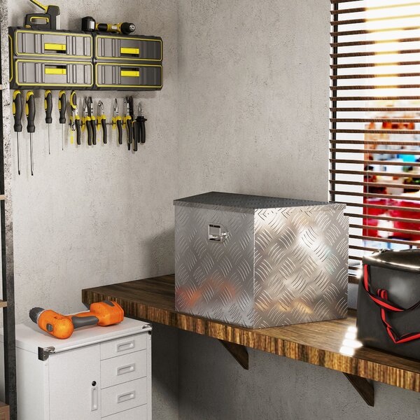 HOMCOM Přívěsná toolbox, Hliníková úložná skříň, Integrovaný zámek s klíči, Trapezoidní tvar, pro dodávky, přívěsy, 73,7 x 41 x 46 cm, Stříbrná | Aoso
