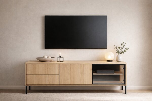 TV stolek Harmona 160 cm se zásuvkami a osvětlením - dub lindberg