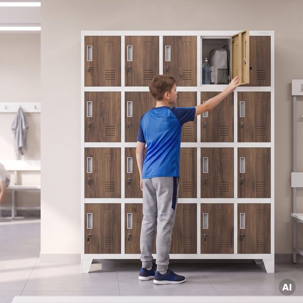 Sociální BHP skříň s přihrádkami bílá / ořech, 1360x1720x450 mm: ROBERT Eco Design
