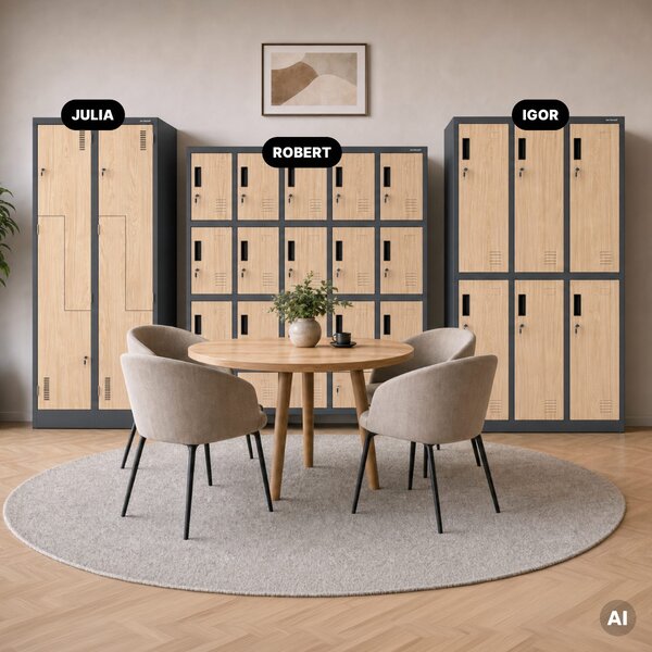 Sociální BHP skříň s přihrádkami antracitová / dub sonoma, 1360x1720x450 mm: ROBERT Eco Design