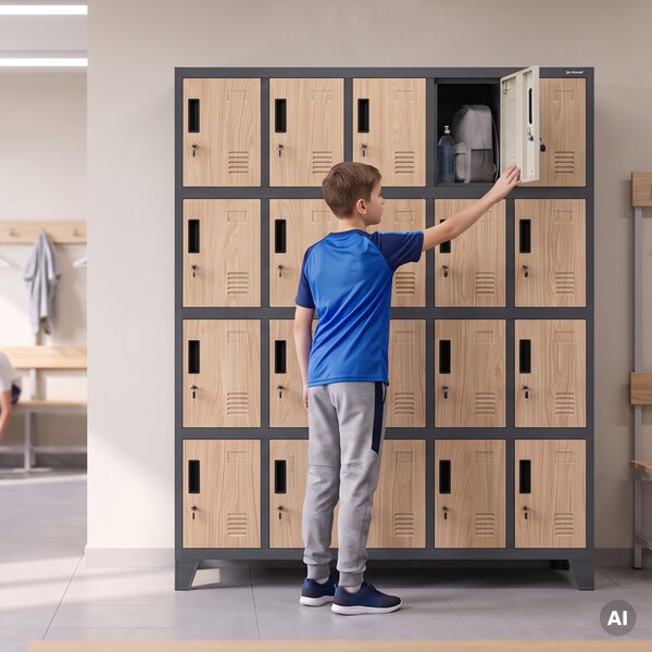 Sociální BHP skříň s přihrádkami antracitová / dub sonoma, 1360x1720x450 mm: ROBERT Eco Design