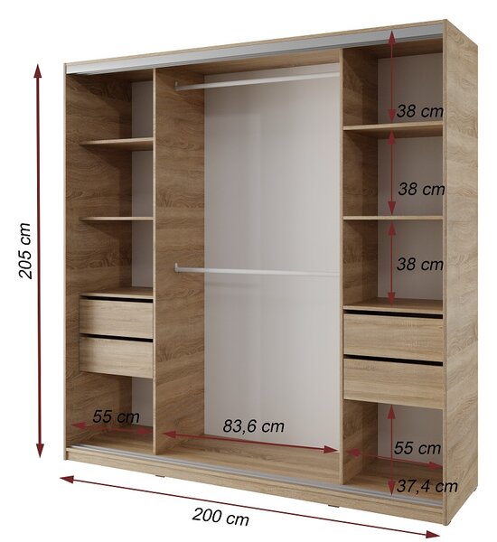 Šatní skříň NEJBY BARNABA 200 cm s posuvnými dveřmi,zrcadlem,4 šuplíky a 2 šatními tyčemi,dub sonoma