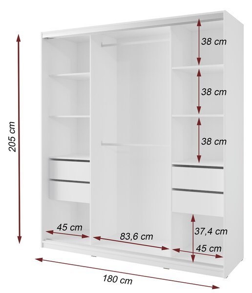 Šatní skříň NEJBY BARNABA 180 cm s posuvnými dveřmi, zrcadlem, 4 šuplíky a 2 šatními tyčemi, bílá