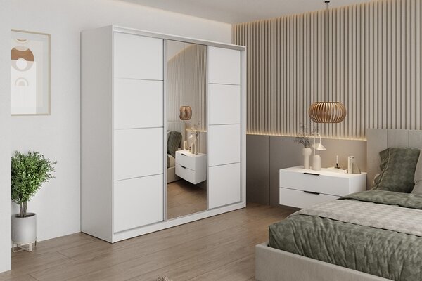 Šatní skříň NEJBY BARNABA 200 cm s posuvnými dveřmi, zrcadlem, 4 šuplíky a 2 šatními tyčemi, bílá