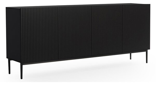 Moderní komoda Nicole 200 cm čtyřdveřová s ryhovaným čelem - černá matná / černé nohy