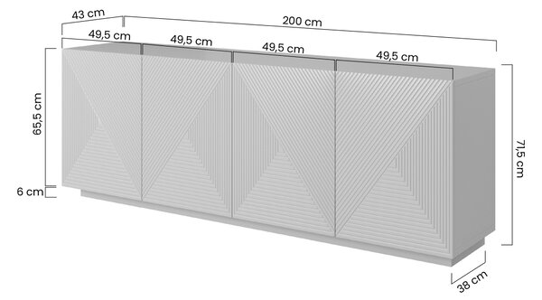 Moderní komoda Asha 200 cm čtyřdveřová - artisan / černý mat