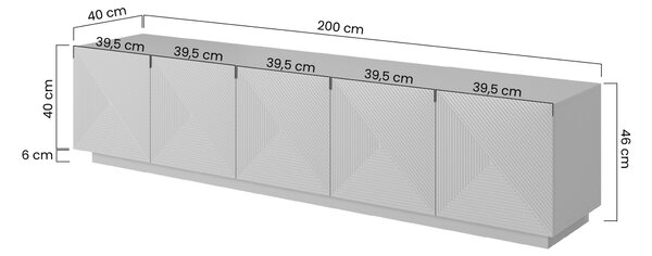 Moderní RTV skříňka Asha 200 cm s pěti dveřmi a rýhovaným čelem - bílý mat
