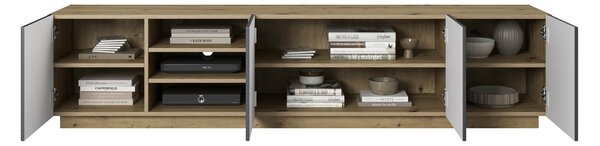 TV stolek Asha 200 cm s drážkovanými dvířky a otevřenou přihrádkou - dub artisan / rivier stone mat