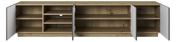 TV stolek Asha 200 cm s drážkovanými dvířky a otevřenou přihrádkou - dub artisan / rivier stone mat