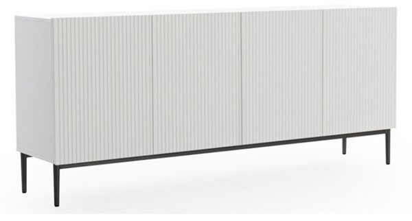 Moderní komoda Nicole 200 cm se čtyřmi dveřmi a ryhovaným čelem - bílý mat / černé nohy