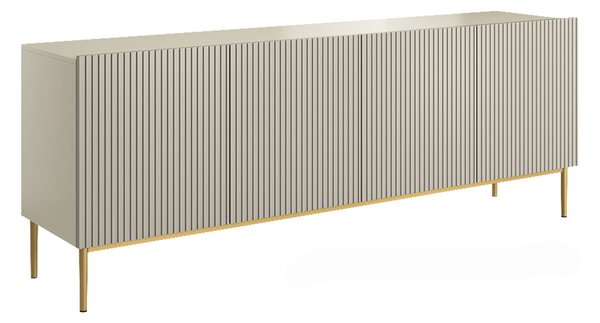 Moderní komoda Nicole 200 cm se čtyřmi dveřmi a rýhovaným čelem - kašmír / zlaté nožky