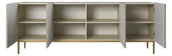 Moderní komoda Nicole 200 cm se čtyřmi dveřmi a rýhovaným čelem - kašmír / zlaté nožky